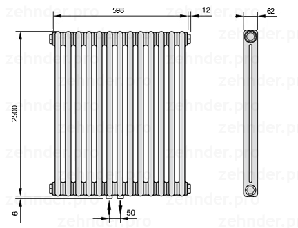 Схема (чертеж) Радиатор Zehnder Charleston 2250/13 №3470 Белый глянцевый RAL 9016